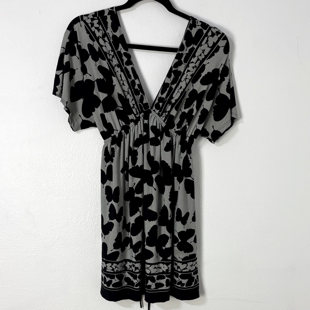 Vtg Gray Black Butterfly V-Neck Tunic Dress Y2K Fairy Grunge‎ Tie Waist Size S/P